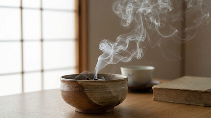 soliloquy. White smoke rising from a simple ceramic incense burner in soft indoor light. event programs, museum guides, designed for cultural heritage projects and event programs, supports education.