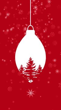 Minimalist Red And White Christmas Background With Hanging Ornament And Falling Snow. Vertical Format Suitable For Social Media Stories And Holiday Greeting Cards.
