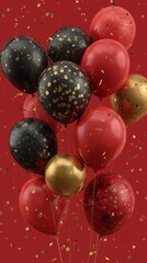 red, black, and gold balloons with golden confetti on a red background