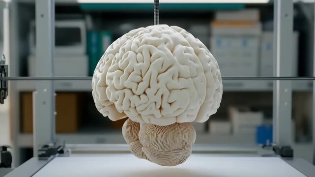 3D printer creating a detailed model of a human brain in a laboratory setting