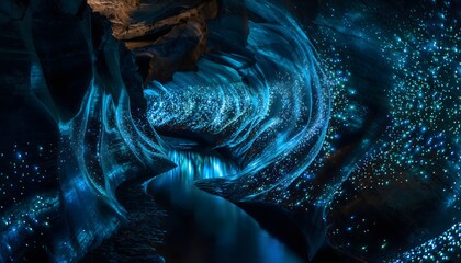 A deeply hidden cavern illuminated by thousands of floating bioluminescent sapphire lights, creating an ethereal, magical landscape
