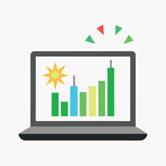 Laptop with stock chart and fireworks gray laptop, green stock chart, multicolor fireworks, white background