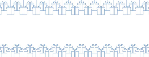 Minimal horizontal border of hanging blue line art gift boxes on white background, perfect for Christmas banners, festive headers, greeting cards, invitations and modern holiday web or print designs.