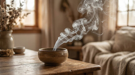 soliloquy. White smoke rising from a simple ceramic incense burner in soft indoor light. event programs, museum guides, designed for cultural heritage projects and event programs, supports education.