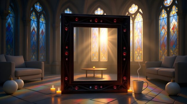 christmas frame with stained glass windows and warm ambient light in a cozy interior
- Powered by Adobe