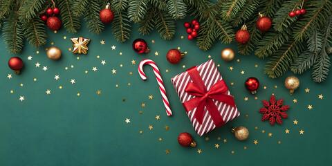 Elegant Christmas background with gift, ornaments, candy cane, and festive confetti, perfect for holiday greetings, gift guides, or seasonal promotions