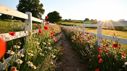 Vibrant wildflowers bloom along a fenced path at sunrise golden hour