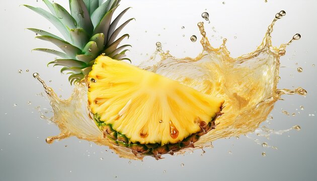 single juicy pineapple slice frozen mid air with golden flesh and droplets dynamic fruit motion isolated on white background