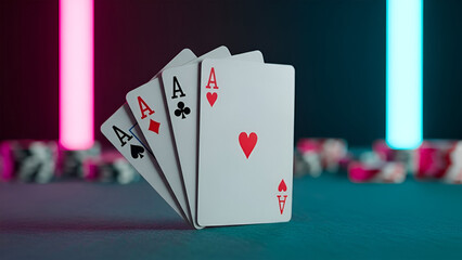 Four Ace playing cards displayed on a table, with chips and neon lights in the background.