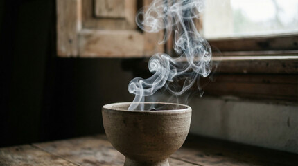 soliloquy. White smoke rising from a simple ceramic incense burner in soft indoor light. event programs, museum guides, designed for cultural heritage projects and event programs, supports education.