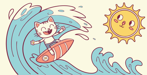 Cartoon kid riding on surfboard sea wave, child surfing water sport teenager surfboard in ocean summer beach holiday vacation swim activity, classy vector illustration original artwork