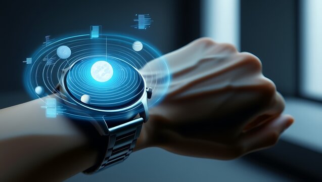Futuristic smartwatch displaying holographic data and orbiting elements on a wrist
