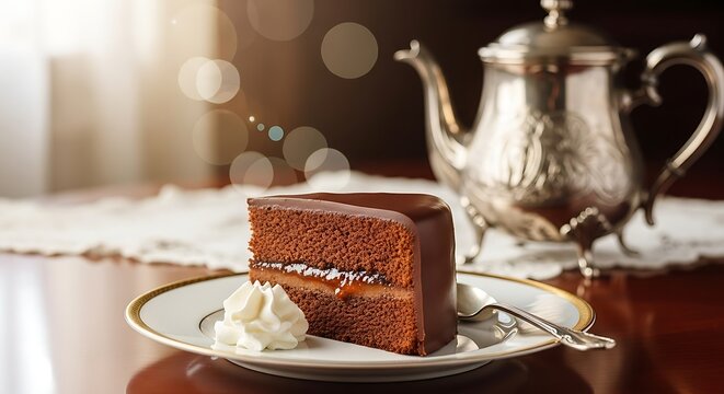A slice of rich chocolate cake with whipped cream on a plate, served with a silver teapot in a warm, elegant setting.