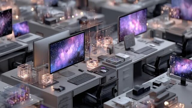 Modern office with computers and cosmic screens