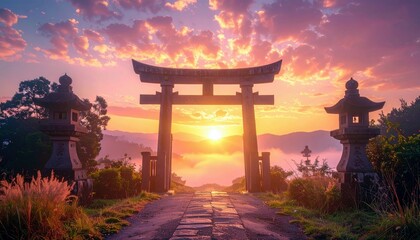 Fototapeta premium A beautiful sunrise scene featuring a traditional Japanese torii gate, stone lanterns, and a pathway leading towards the sun, with a dramatic, colorful sky.