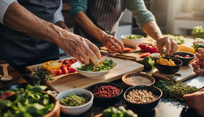 Close up of chefs hands mixing fresh green salad with vegetables on wooden cutting board in kitchen.