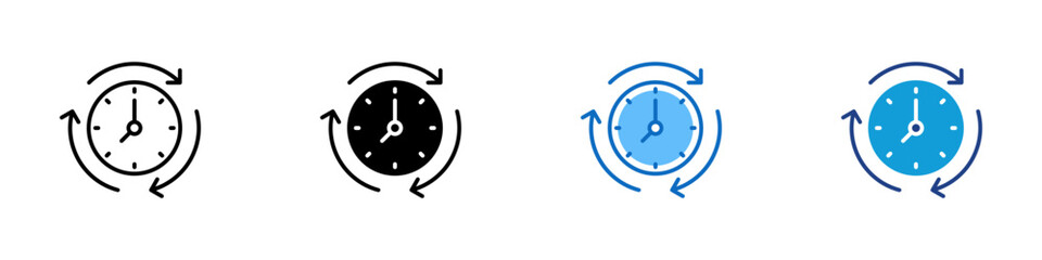 Time Cycle Multiple Style Icon Design Vector - clock surrounded by circular arrows, symbolizing rotation, repetition, routine, or recurring processes