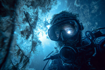 Close up shot of a diver's face and gear underwater with light reflecting in their eyes
