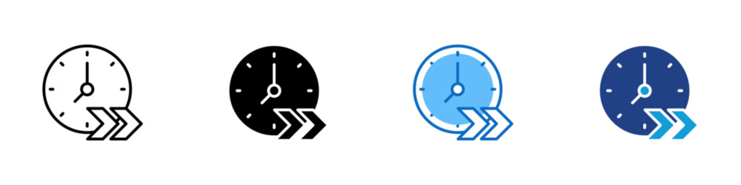 Fast Time Multiple Style Icon Design Vector - clock with forward motion arrows, indicating speed, urgency, fast workflow, or accelerated scheduling
