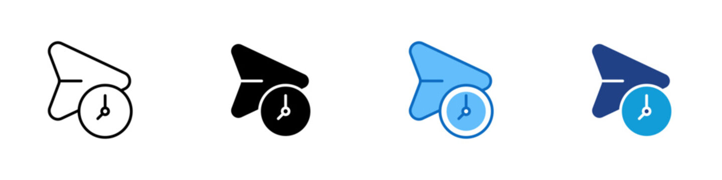 Scheduled Share Multiple Style Icon Design Vector - paper airplane with a clock, symbolizing sending or sharing content automatically at a scheduled time