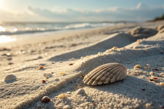 A small seashell fragment rests on sandy beach granules