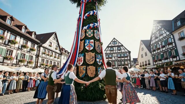 A cultural celebration in a town square, people in traditional attire dancing around a maypole