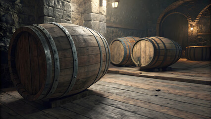 Aged Barrels on Wooden Floor