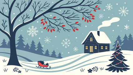 Winter scene with cabin, christmas tree, snow, and a sleigh under a tree with red berries falling snow
