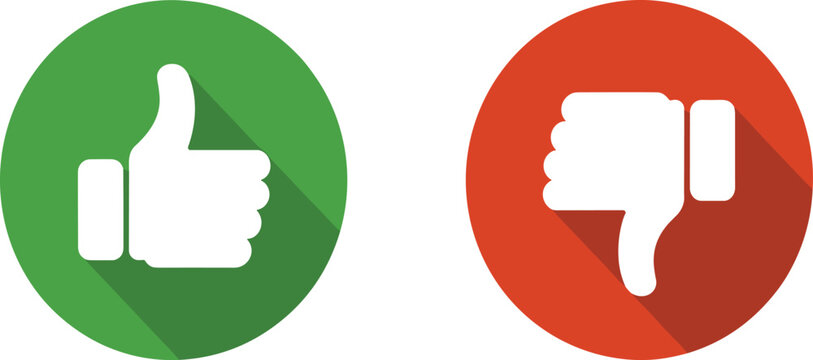 Thumbs up down icons, feedback symbols, green red circles, flat design, approval disapproval graphic, rating buttons, opinion vector