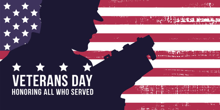 Veterans Day tribute graphic, soldier silhouette, American flag background, patriotic design, military honor poster, remembrance illustration - Powered by Adobe