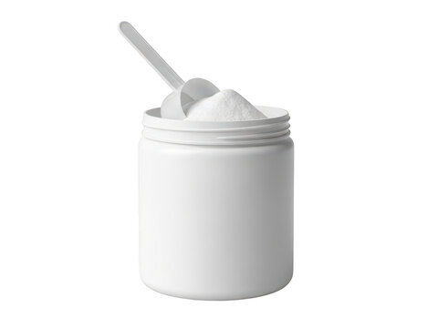 White supplement tub with measuring scoop and fine powder on a clear background isolated on transparent background