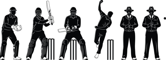Black and white illustration of cricket players and umpires in action sport game
