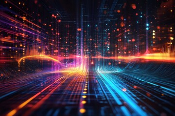 Abstract glowing grid with neon perspective depth lines