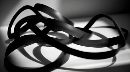 A black ribbon tangled creating a complex abstract design