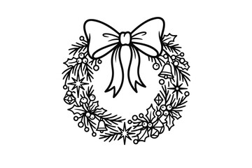 Black and white Christmas wreath with bow holly berries bells and stars line art illustration.