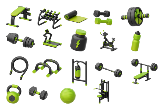 Fitness & Workout Tools 3D PNG Set — Dumbbells, Kettlebells, Gym Equipment, Sports Accessories Transparent Render - Powered by Adobe