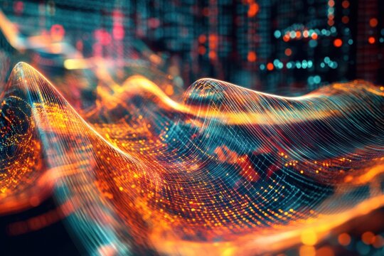 Neon energy waves flowing across digital futuristic grid - Powered by Adobe