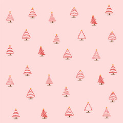 Seamless pattern with red doodle Christmas trees. Cute hand-drawn festive tree design for wrapping paper, textiles, greeting cards and winter holiday decorations. Transparent background, vector.