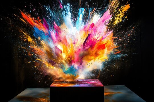 Exploding neon tunnel filled with glowing digital shards - Powered by Adobe