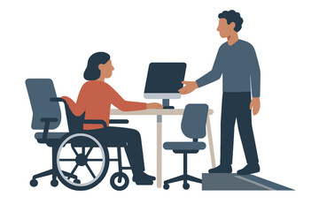 Collaboration at work between a person in a wheelchair and a coworker during a meeting