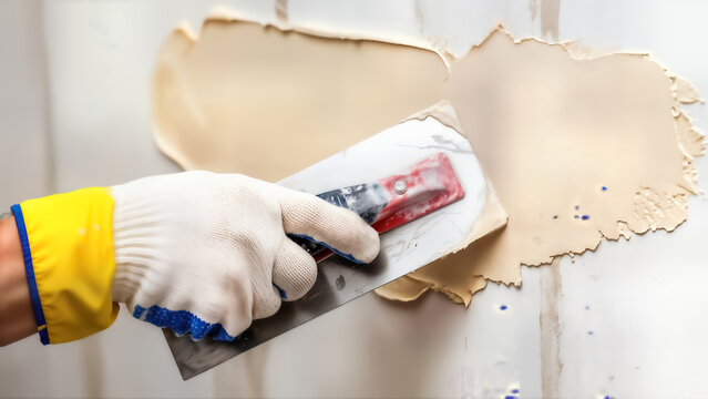 Closeup of a construction workers gloved hand applying putty or plaster to a wall surface using a metal trowel during renovation or repair work