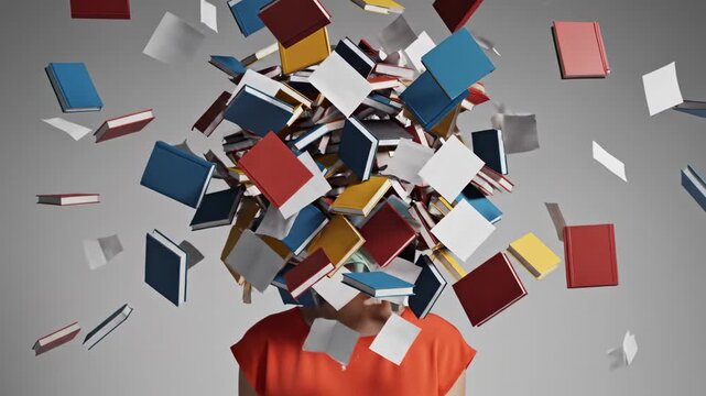 Conceptual animation of an asian woman's head exploding into a chaotic cascade of countless books and papers. Representing mental stress. Burnout. And the overwhelming effects of information overload