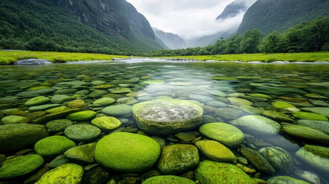 A scenic landscape featuring a clear river with green rocks, surrounded by lush green vegetation and mountains under a cloudy sky. - Powered by Adobe