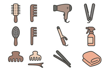 Collection of hairdressing tools arranged in a neat pattern on a white background for beauty and grooming use