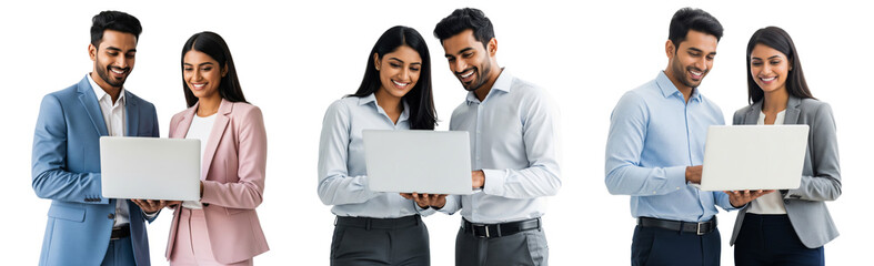 Fototapeta premium Diverse of business teams working together with laptop isolated on white or transparent background