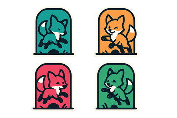 Colorful cartoon fox designs displayed in four different styles with playful expressions and dynamic poses