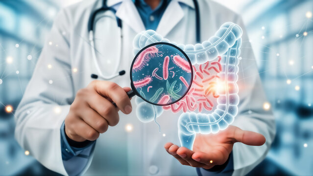 Doctor examining human intestine with magnifying glass showing bacteria and microbe concept for gut health, microbiome, and digestive system analysis in medical science - Powered by Adobe