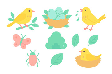 Yellow birds with nests and eggs create a lively scene in springtime nature