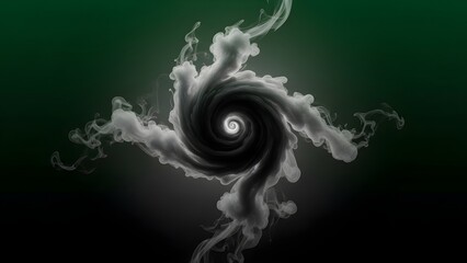 Abstract white smoke swirl forming a powerful dark vortex on a gradient green and black background.