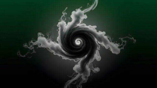 Abstract white smoke swirl forming a powerful dark vortex on a gradient green and black background. - Powered by Adobe
